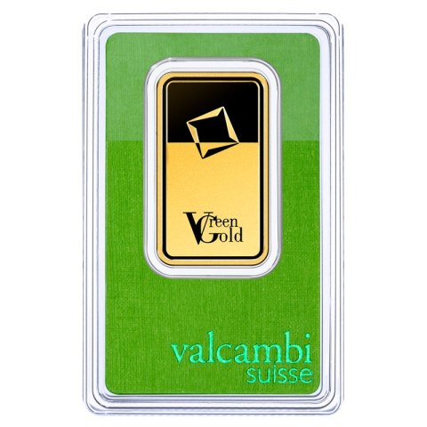 Sztabka złota 1 oz Valcambi Green Gold – złoto 999,9 z odpowiedzialnych źródeł, zapakowana w CertiPack z numerem seryjnym