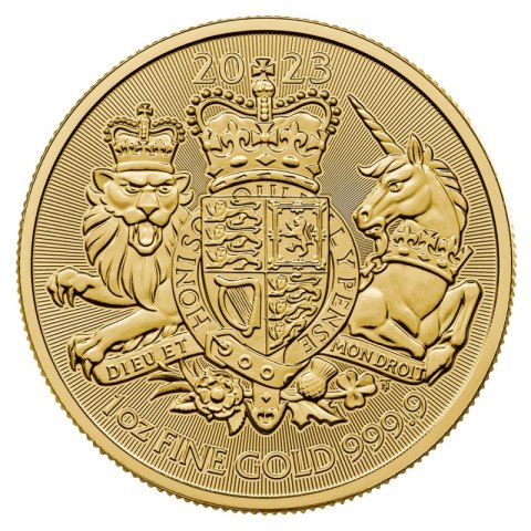1 oz The Royal Arms 2023 – złota moneta z herbem królewskim w kapslu ochronnym