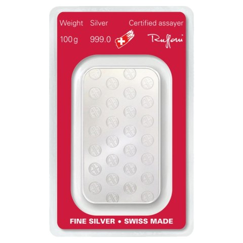 100g srebrna sztabka Argor-Heraeus – awers z logo i próbą