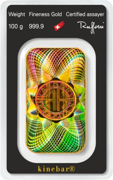 Złota sztabka 100 g Kinebar Argor-Heraeus z hologramem KINEGRAM™ w blistrze ochronnym z certyfikatem