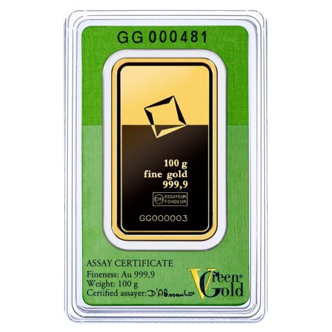 100g Złota Sztabka Valcambi Green Gold w oryginalnym blistrze – certyfikowane ekologiczne złoto próby 999,9