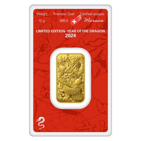 10 g Złota Sztabka Rok Smoka 2024 – Argor-Heraeus, blister CertiPack z motywem smoka