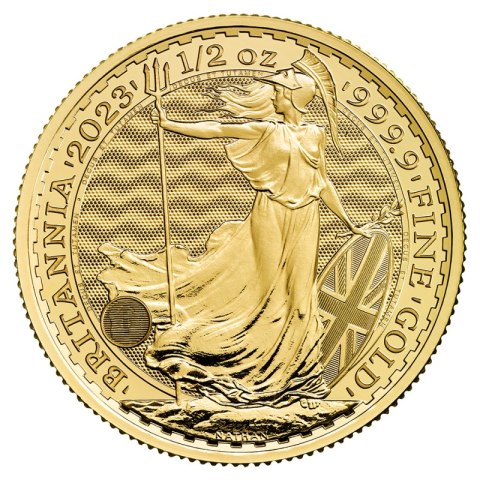 1/2 oz Britannia 2023 złota moneta – rewers z postacią Britannii i zabezpieczeniami