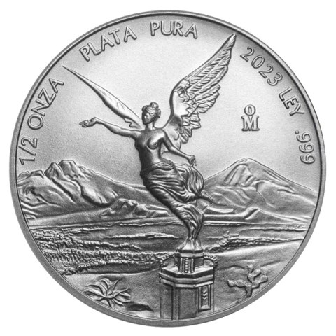 1/2 oz Libertad srebrna moneta – awers z herbem Meksyku i historycznymi symbolami