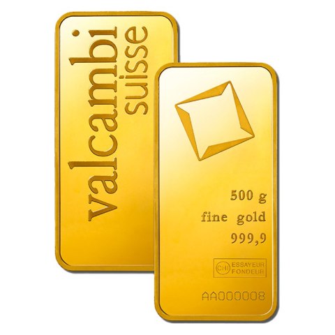500g złota sztabka Valcambi – bita, certyfikowana, próba 999,9