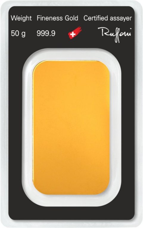 50g złota sztabka bita Argor-Heraeus – przód z numerem seryjnym