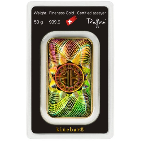 50g złota sztabka Argor-Heraeus Kinebar – przód z numerem seryjnym