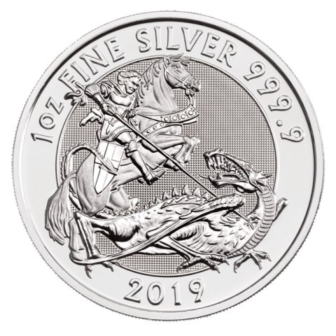 1 oz The Valiant 2019 srebrna moneta – rewers z św. Jerzym i smokiem