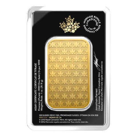 1 oz złota sztabka Wafer Royal Canadian Mint z opakowaniem CertiPack i liściem klonu