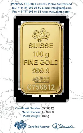 100 g Złota Sztabka PAMP Róża – szwajcarskie złoto inwestycyjne w opakowaniu CertiPack z motywem róży