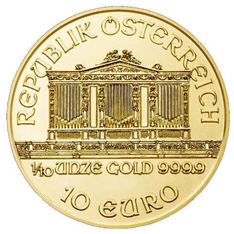 1/10 oz Filharmonicy Wiedeńscy złota moneta – awers z organami Wiener Musikverein