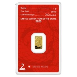 Złota sztabka 1g Rok Węża 2025 - Argor-Heraeus, inwestycyjna sztabka złota w blistrze ochronnym.