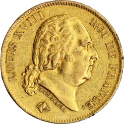 Francuska złota moneta 40 franków Louis XVIII 11,583 g próba 900