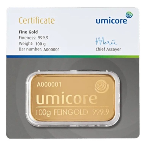 100 g Minted Gold Bar | Umicore – obverse