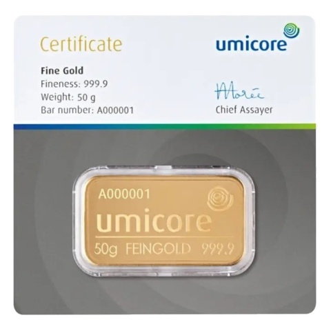 50 g Gold Bar | Umicore – obverse
